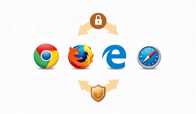 Iconos de los principales navegadores web (Chrome, Firefox, Edge, Safari) con un escudo o un símbolo de bloqueo, representando la gestión de cookies.