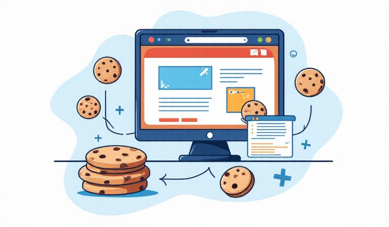 Ilustración de cookies de internet como pequeños archivos de datos en un navegador web.