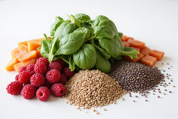 Una variedad de superalimentos como bayas, espinacas y semillas de chía, destacando sus beneficios nutricionales.