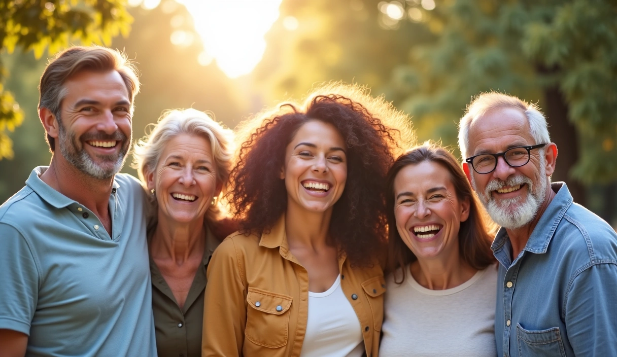 Grupo de personas diversas y felices, sonriendo y mostrando vitalidad