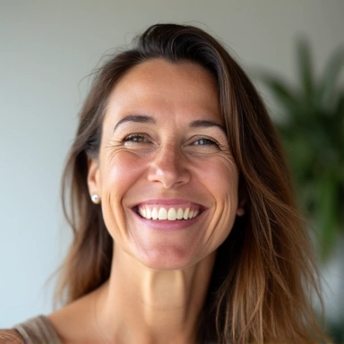 Retrato de María S., una mujer de mediana edad, sonriente y saludable