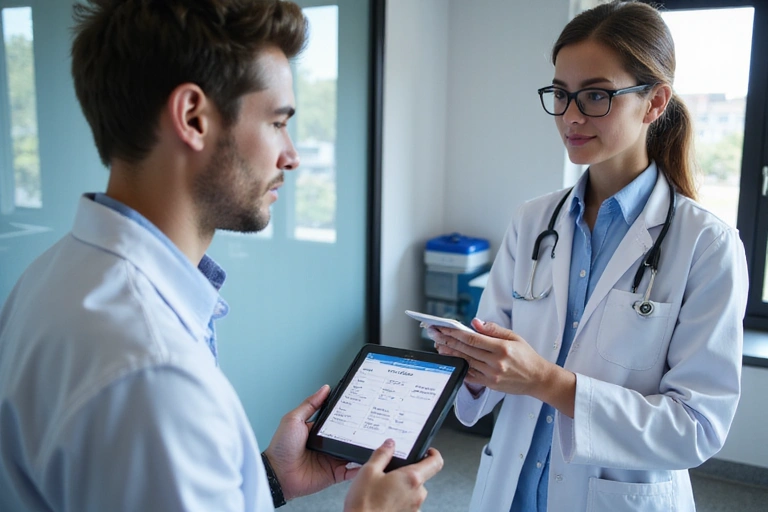 Doctor y paciente revisando resultados médicos en una tableta