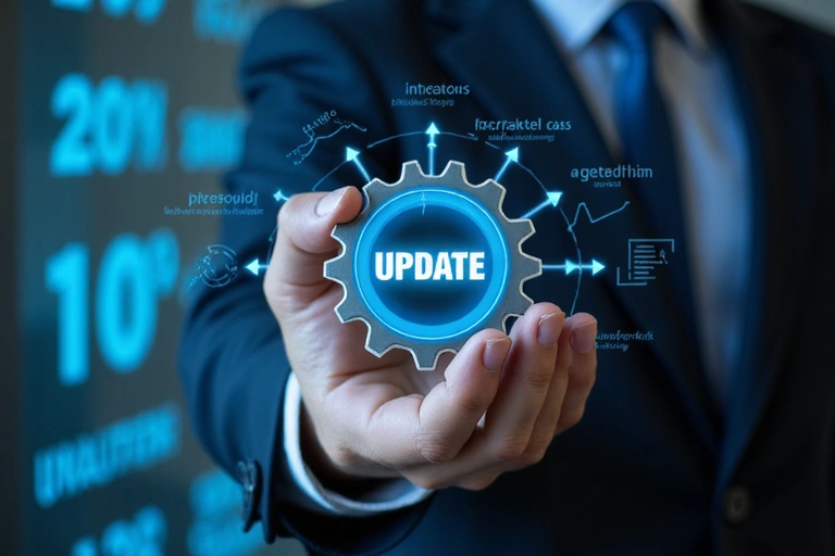 Mano ajustando un engranaje con texto 'Actualizar' y 'Términos'